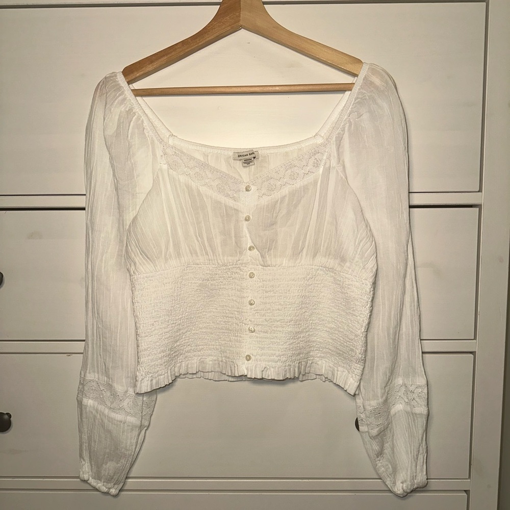 American Eagle Outfitters AE Long-Sleeve Smocked Blouse - White - Picture 7 of 13